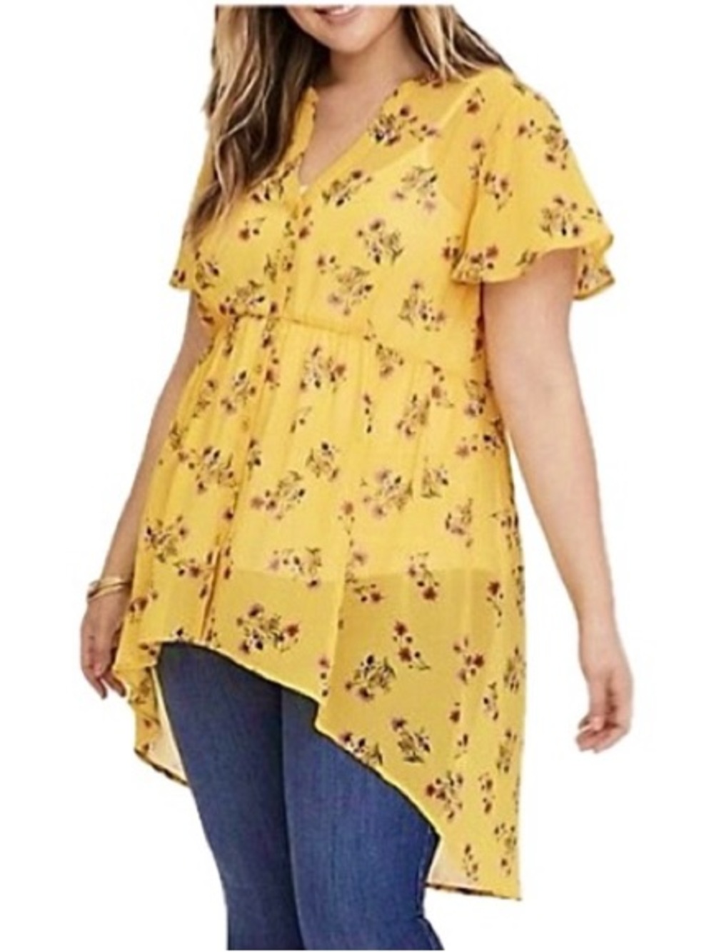Torrid Yellow Lexie Floral Button Down Tunic Top Women Size 4X High Low Babydoll